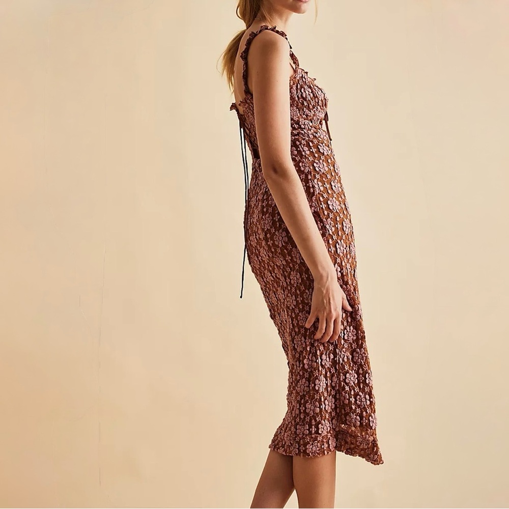 Free People Lucinda Lace Midi Dress Ginger Combo Floral Lace NWT Size L - Picture 2 of 9